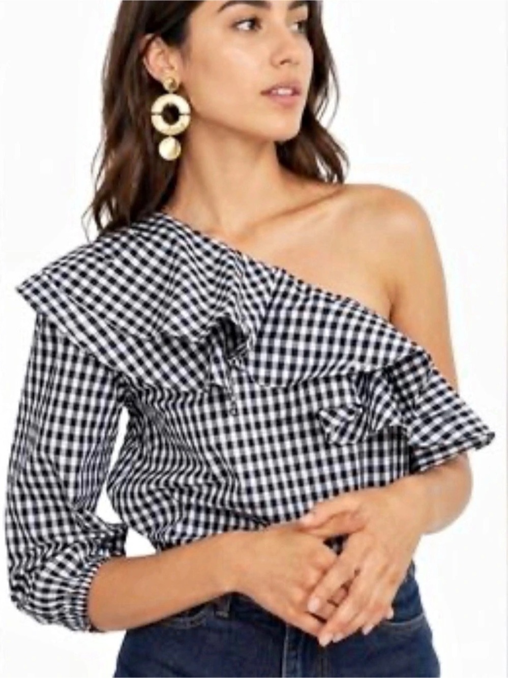 J.Crew Gingham One-Shoulder Ruffle Top Blue & White Size 4